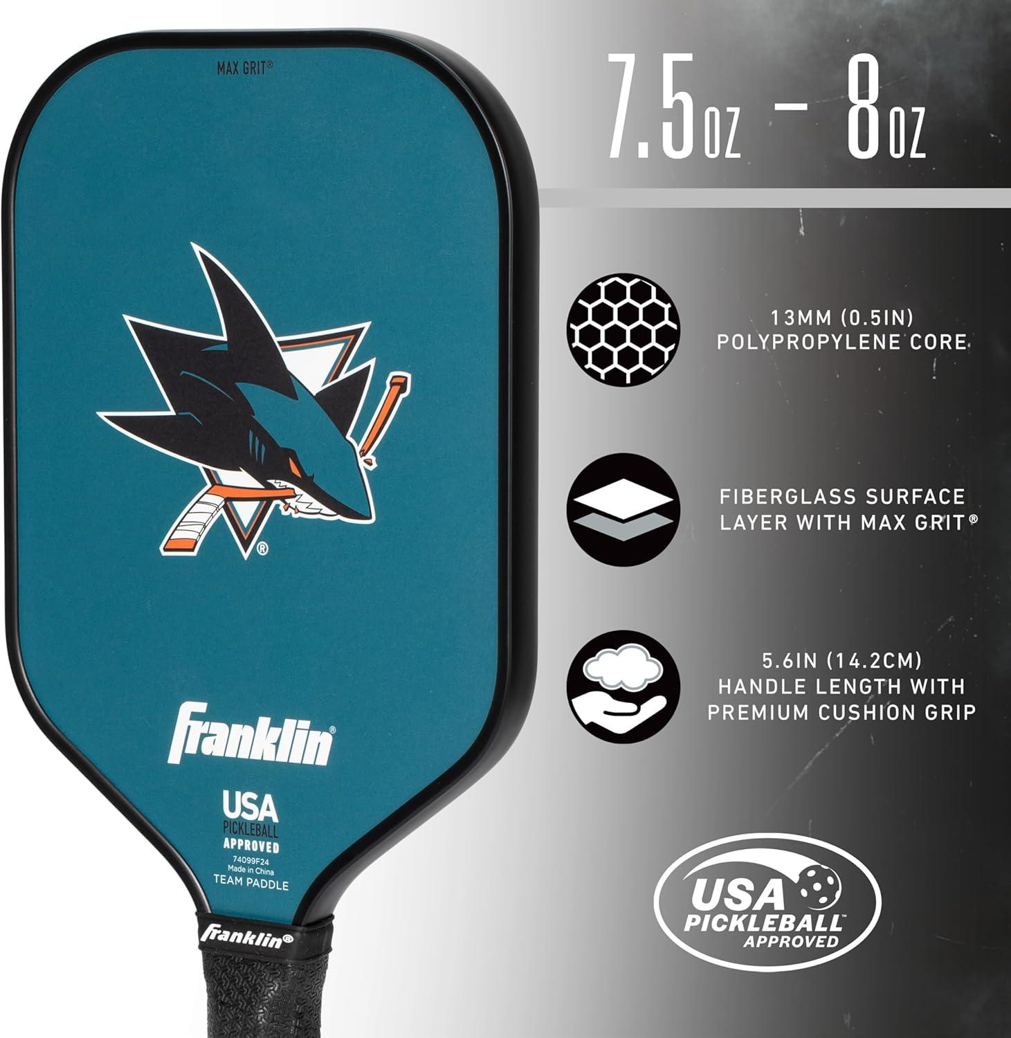 imageFranklin Sports NHL Team Pickleball Paddles Official NHL Hockey Team Logo Pickleball Paddles Signature Series 13MM Pickleball Paddle with MaxGrit USA Pickleball USAPA ApprovedSan Jose Sharks