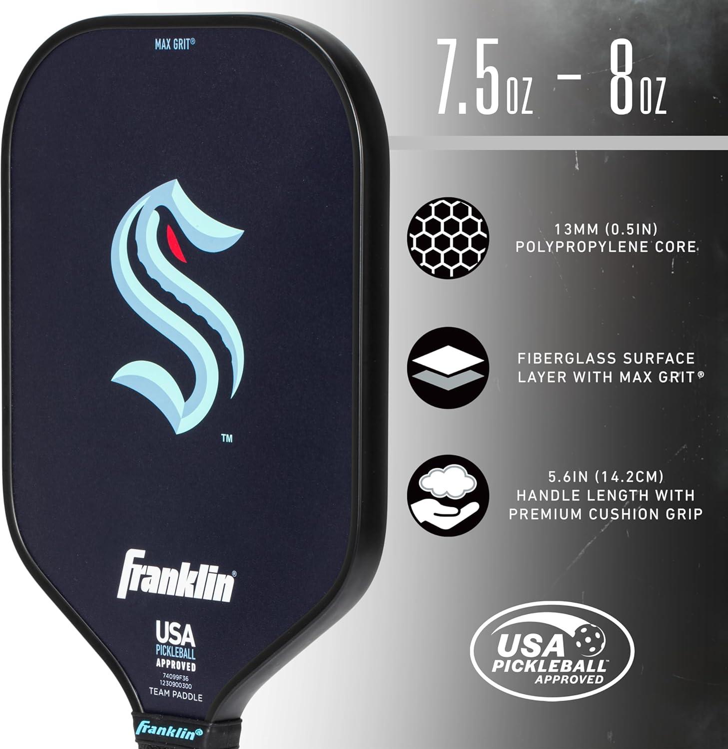 imageFranklin Sports NHL Team Pickleball Paddles Official NHL Hockey Team Logo Pickleball Paddles Signature Series 13MM Pickleball Paddle with MaxGrit USA Pickleball USAPA ApprovedSeattle Kraken