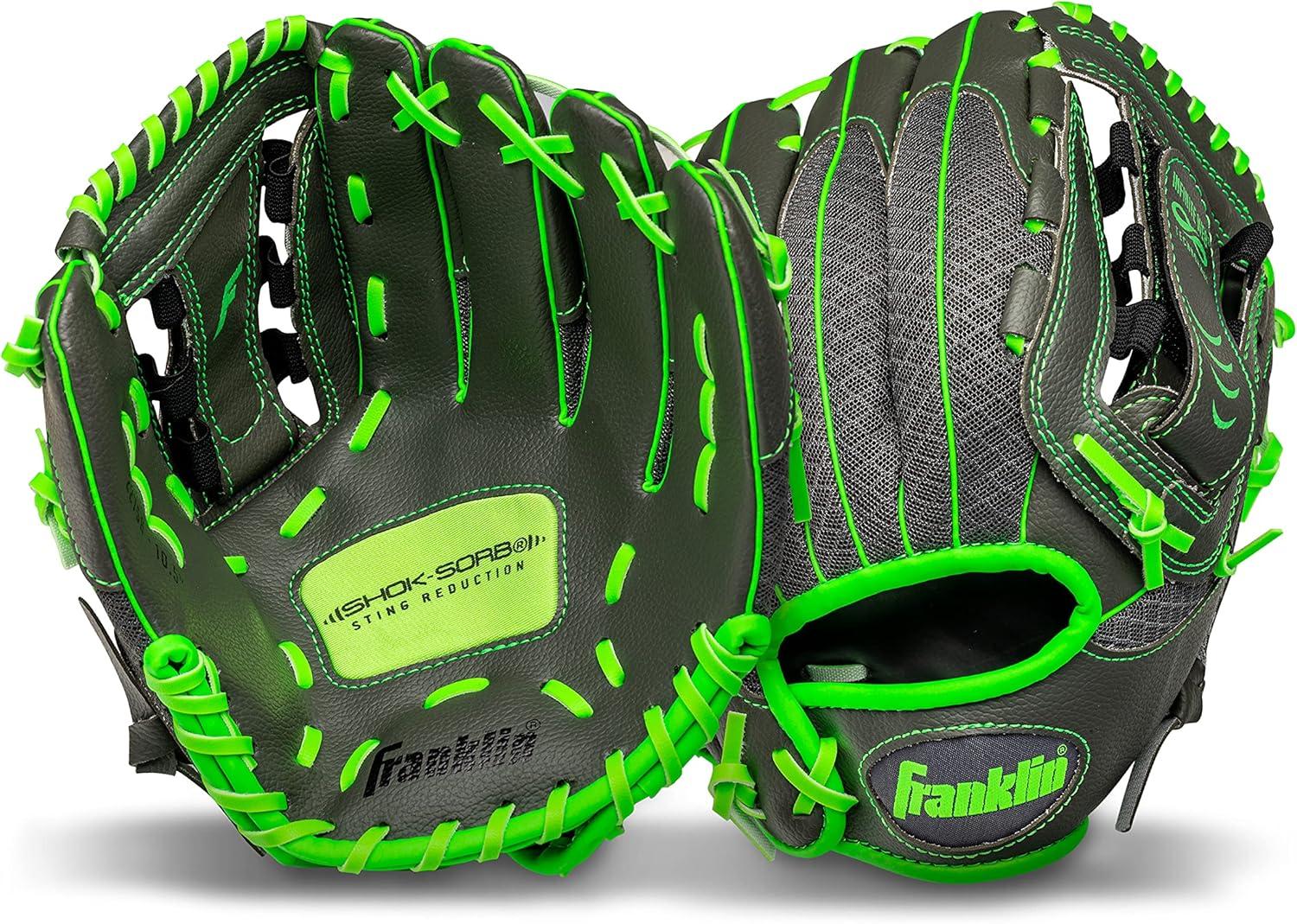 imageFranklin Sports Youth Teeball Gloves Shok Sorb Kids Baseball Teeball Mitt Boys Girls Fielder Gloves 105quot InchGraphiteLime