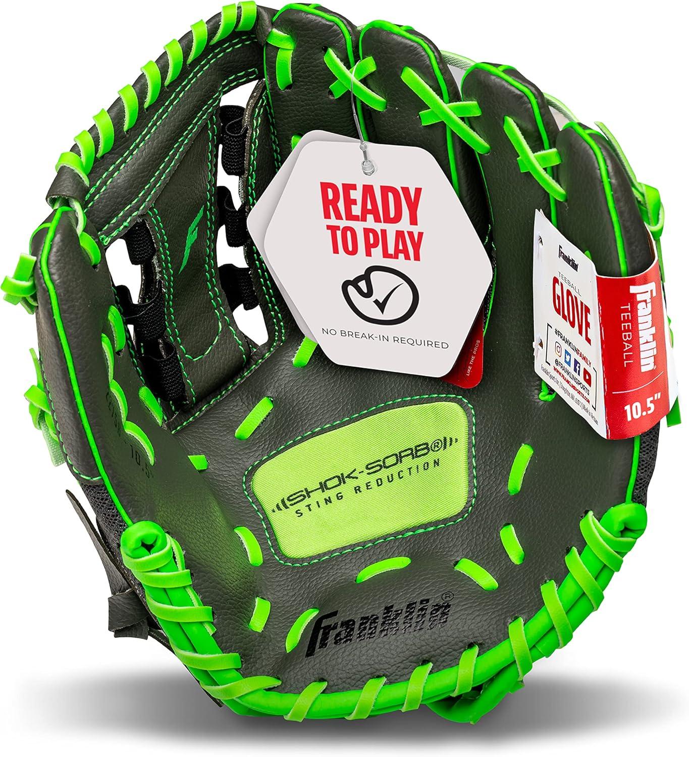 imageFranklin Sports Youth Teeball Gloves Shok Sorb Kids Baseball Teeball Mitt Boys Girls Fielder Gloves 105quot InchGraphiteLime