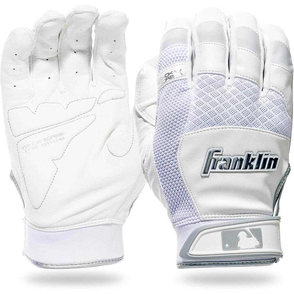 imageFranklin Sports MLB Baseball Batting Gloves  ShokSorb X Batting Gloves for Baseball  Softball  Adult  Youth Padded NonSting Batting Glove Pairs  Multiple Colors  SizesWhiteChrome