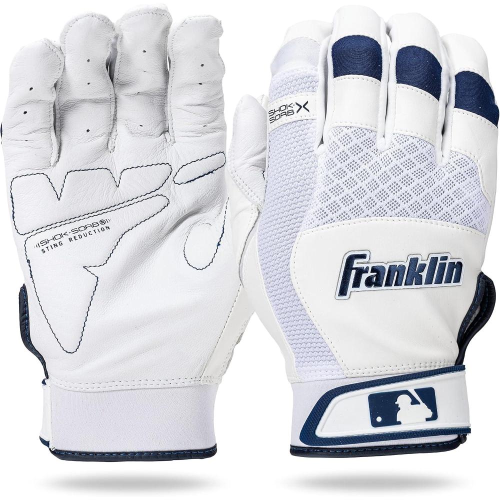 imageFranklin Sports MLB Baseball Batting Gloves ShokSorb X Batting Gloves for Baseball Softball Adult Youth Padded NonSting Batting Glove Pairs Multiple Colors SizesWhiteNavy Chrome