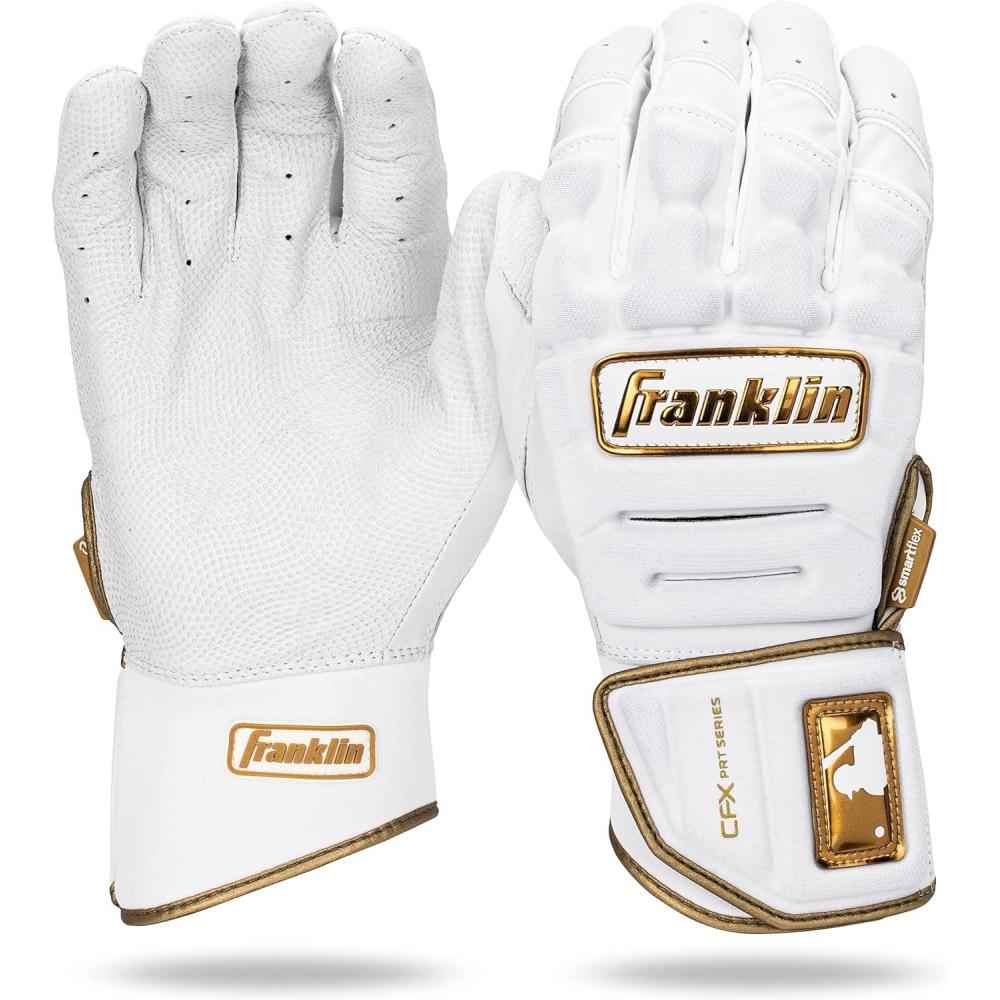 imageFranklin Sports MLB Batting Gloves  CFX Pro PRT Heavy Duty Protective Baseball  Softball Batting Gloves  Adult Padded Reinforced Leather Batting GlovesWhiteGold