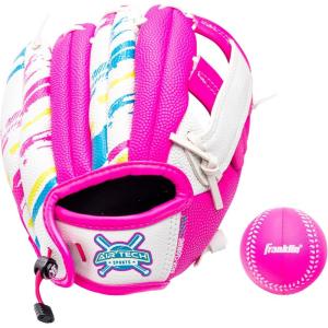 Franklin Sports Air Tech Baseball Glove with Ball – Tee Ball – Soft Air Tech Foam(White/Pink)