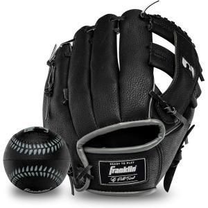 Franklin Sports Kids Baseball Gloves – RTP Youth Teeball Glove + Ball Set – Boys + Girls Teeball Mitt Set – Kids + Toddlers – 9.5″(Black/Silver)