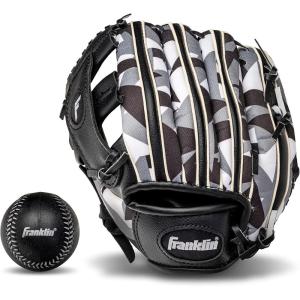 Franklin Sports Kids Baseball Gloves – RTP Youth Teeball Glove + Ball Set – Boys + Girls Teeball Mitt Set – Kids + Toddlers – 9.5″(Black/White)