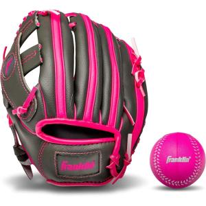 Franklin Sports Kids Baseball Gloves – RTP Youth Teeball Glove + Ball Set – Boys + Girls Teeball Mitt Set – Kids + Toddlers – 9.5″(Graphite/Pink)