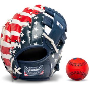 Franklin Sports Kids Baseball Gloves – RTP Youth Teeball Glove + Ball Set – Boys + Girls Teeball Mitt Set – Kids + Toddlers – 9.5″(Red/White/Blue)