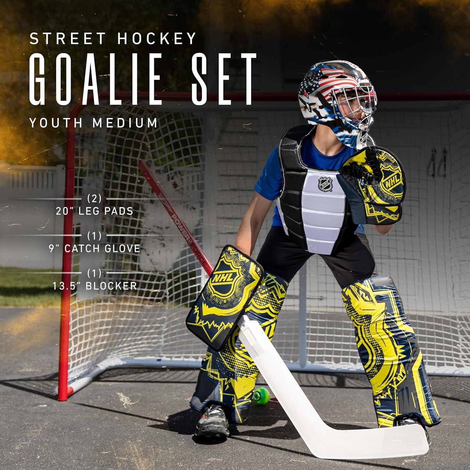 imageFranklin Sports Kids Street Hockey Goalie Pads Set Youth Mini Street Hockey Goalie Gear Junior Blocker Glove Pads Adjustable Kids Street Hockey Equipment Youth MediumBlackOptic Yellow
