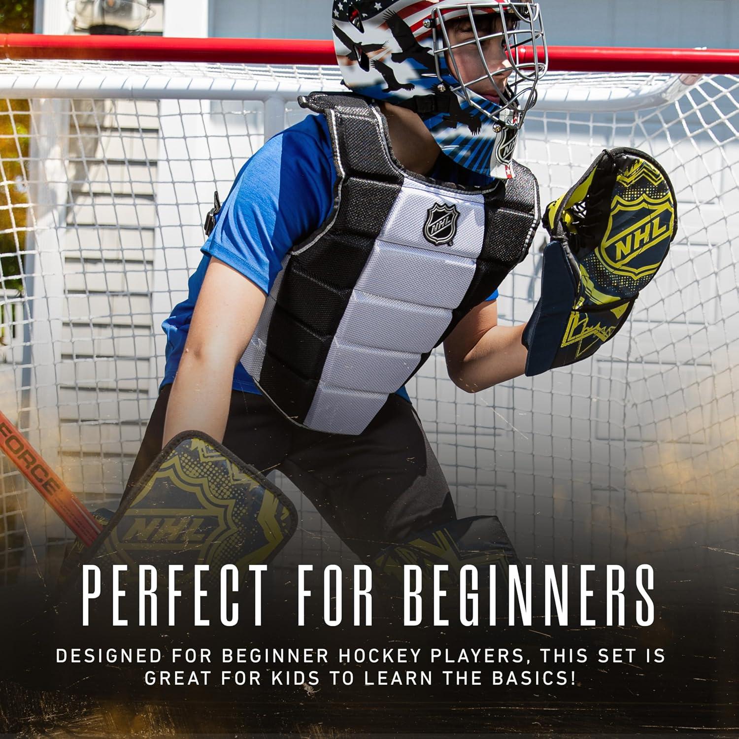 imageFranklin Sports Kids Street Hockey Goalie Pads Set Youth Mini Street Hockey Goalie Gear Junior Blocker Glove Pads Adjustable Kids Street Hockey Equipment Youth MediumBlackOptic Yellow