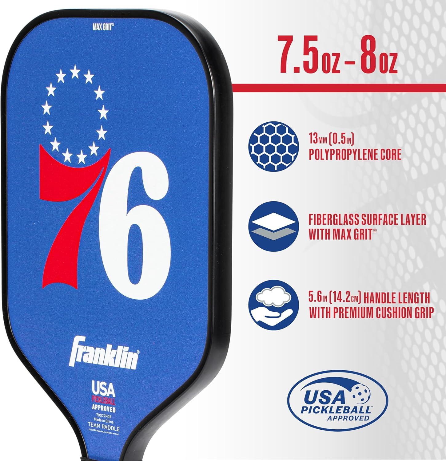 imageFranklin Sports NBA Team Pickleball Paddles Official NBA Basketball Team Logo Pickleball Paddles Signature Series 13MM Pickleball Paddle with MaxGrit USA Pickleball USAPA ApprovedPhiladelphia 76ers