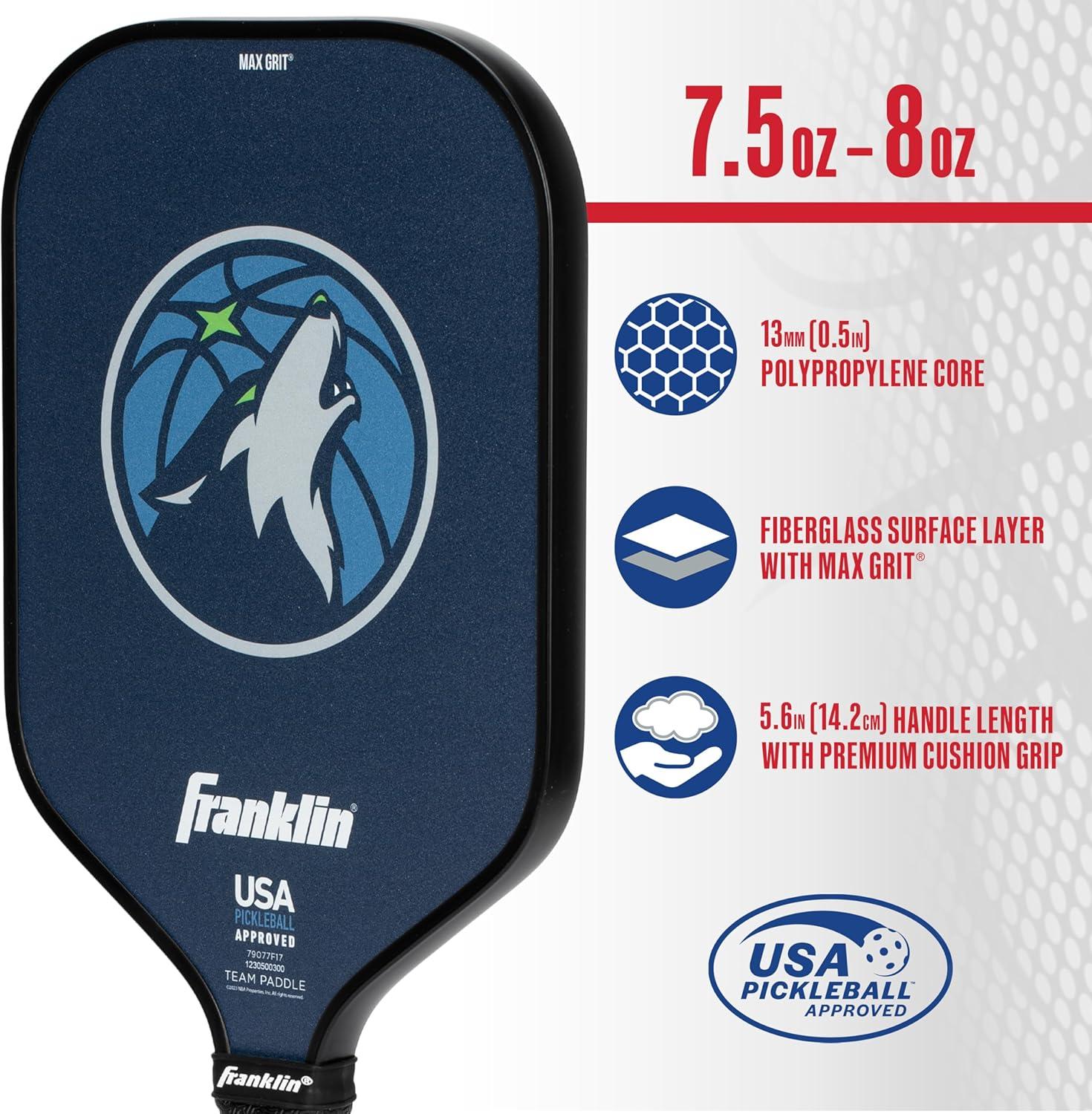 imageFranklin Sports NBA Team Pickleball Paddles Official NBA Basketball Team Logo Pickleball Paddles Signature Series 13MM Pickleball Paddle with MaxGrit USA Pickleball USAPA ApprovedMinnesota Timberwolves