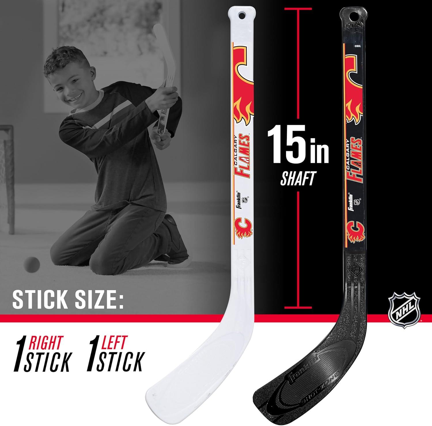 imageFranklin Sports NHL Mini Hockey Set Kids Indoor Knee Hockey Goal Ball 2 Stick Combo Youth Team Indoor Toy Set Official Ages 3Calgary Flames