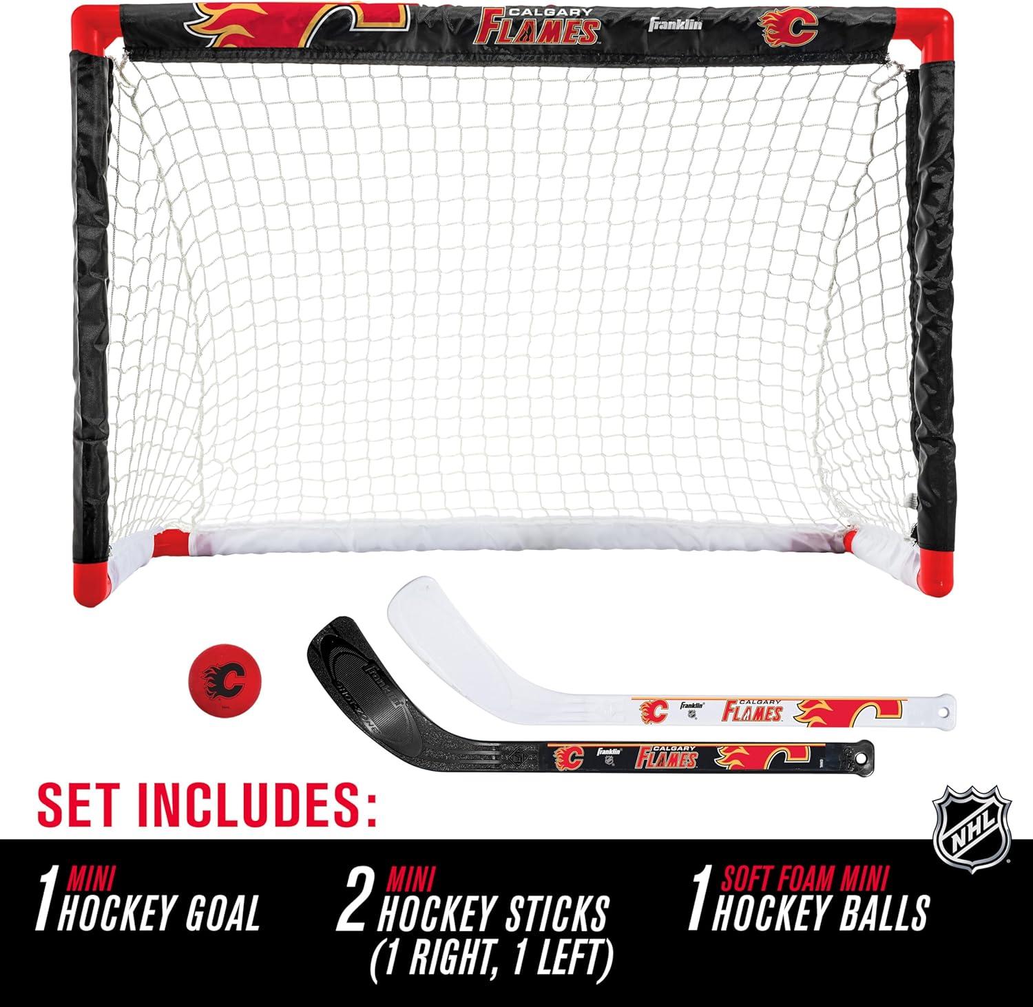 imageFranklin Sports NHL Mini Hockey Set Kids Indoor Knee Hockey Goal Ball 2 Stick Combo Youth Team Indoor Toy Set Official Ages 3Calgary Flames