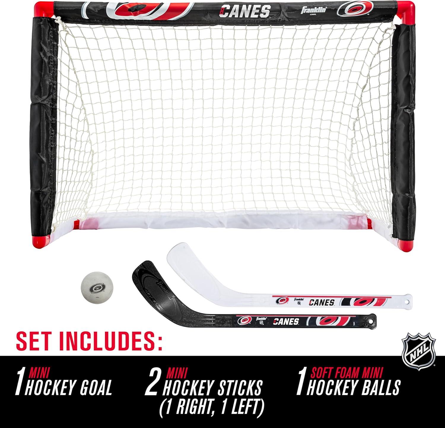 imageFranklin Sports NHL Mini Hockey Set Kids Indoor Knee Hockey Goal Ball 2 Stick Combo Youth Team Indoor Toy Set Official Ages 3Carolina Hurricanes