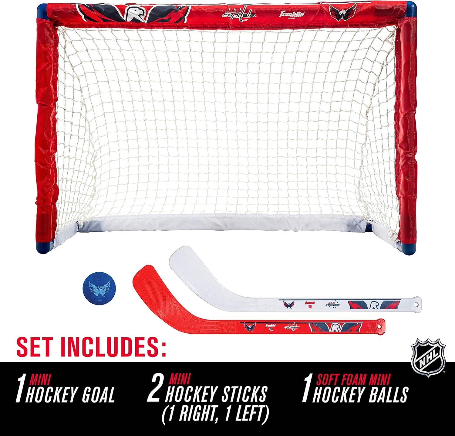 imageFranklin Sports NHL Mini Hockey Set Kids Indoor Knee Hockey Goal Ball 2 Stick Combo Youth Team Indoor Toy Set Official Ages 3Washington Capitals