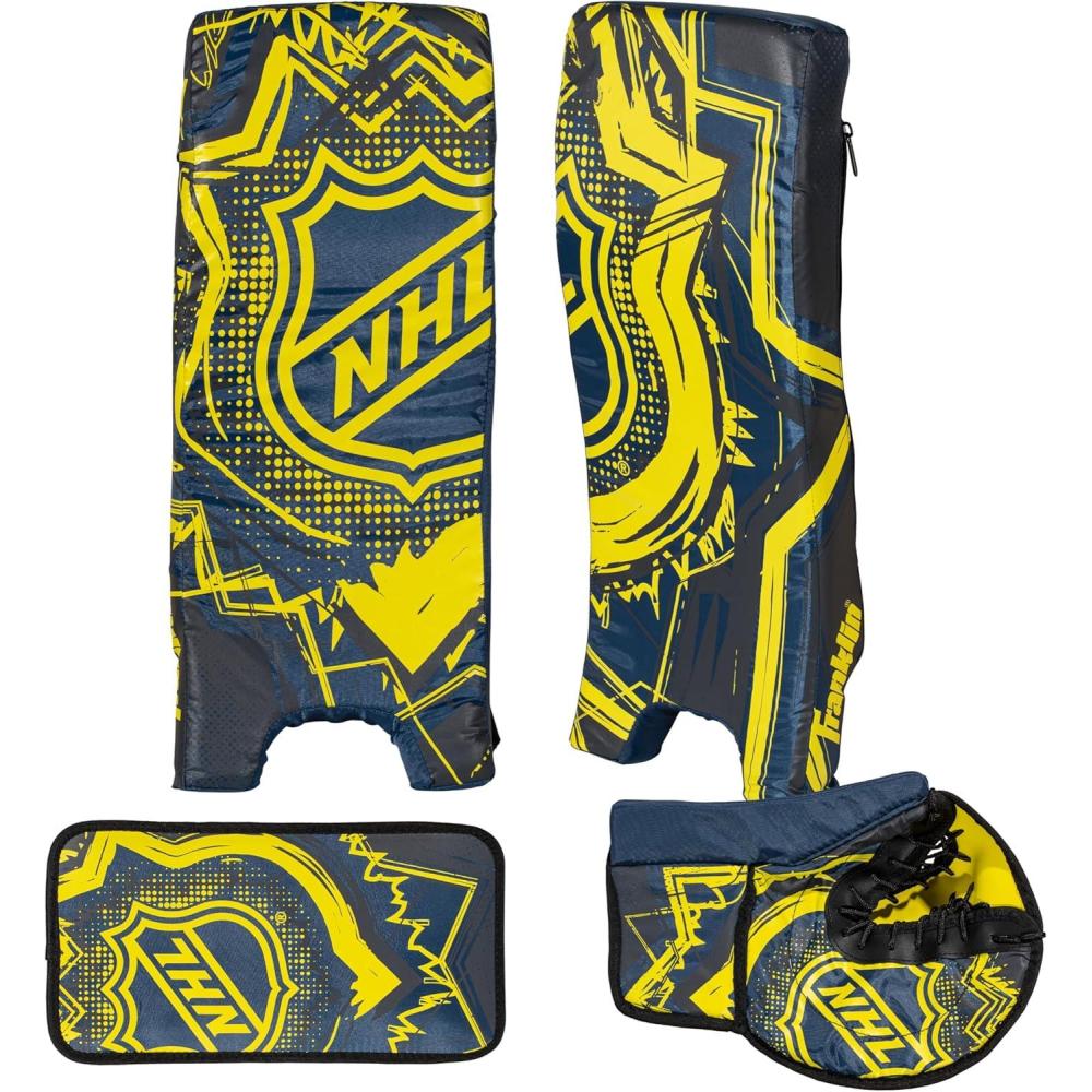 imageFranklin Sports Kids Street Hockey Goalie Pads Set  Youth Mini  Street Hockey Goalie Gear  Junior Blocker Glove  Pads  Adjustable Kids Street Hockey Equipment  Youth MediumBlackOptic Yellow