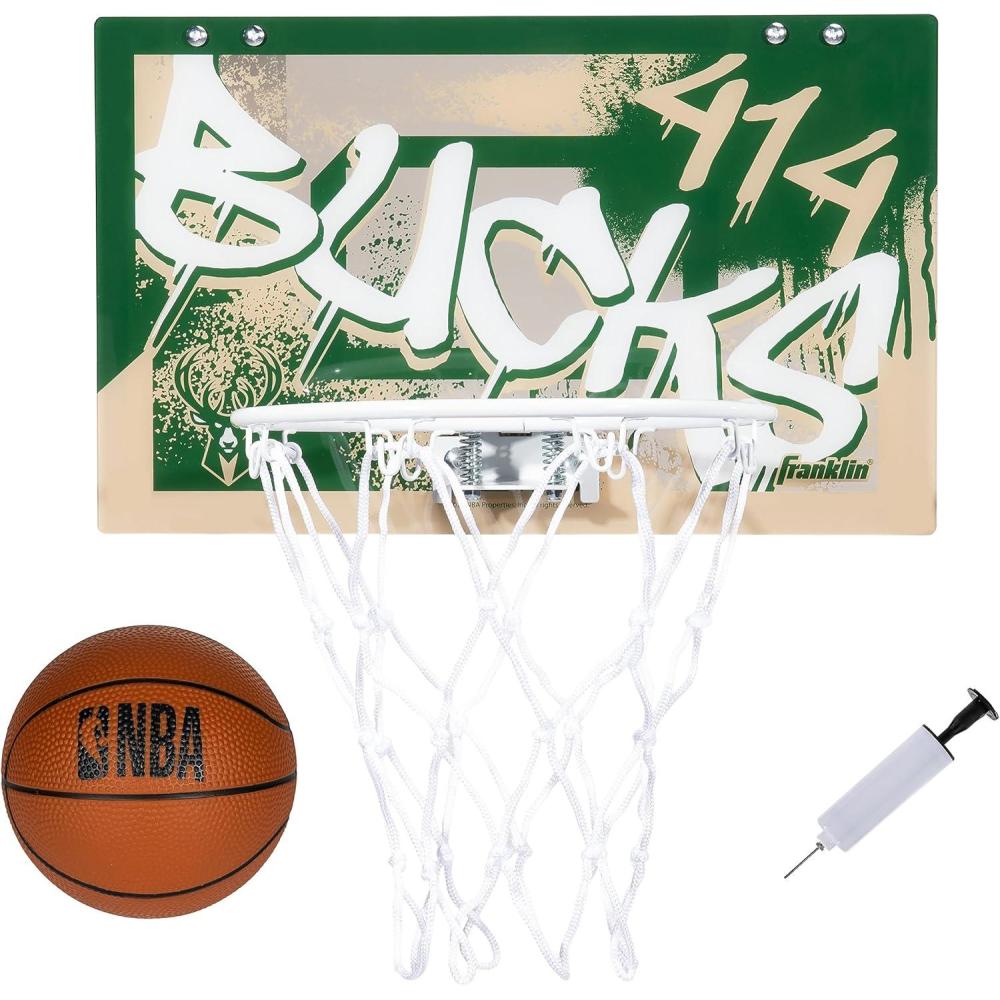 imageFranklin Sports NBA Team Over the Door Basketball Hoops  Kids Indoor Mini Basketball Hoop  Ball Set  NBA Fan Mini HoopsMilwaukee Bucks