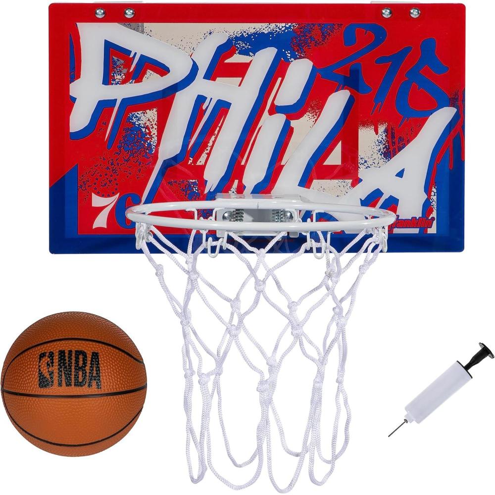 imageFranklin Sports NBA Team Over the Door Basketball Hoops  Kids Indoor Mini Basketball Hoop  Ball Set  NBA Fan Mini HoopsPhiladelphia 76ers
