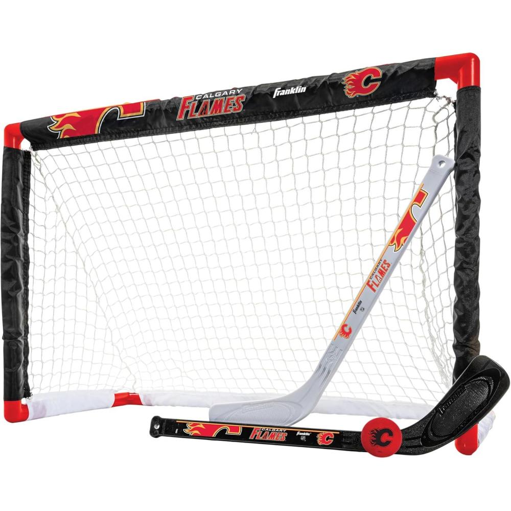 imageFranklin Sports NHL Mini Hockey Set Kids Indoor Knee Hockey Goal Ball 2 Stick Combo Youth Team Indoor Toy Set Official Ages 3Calgary Flames