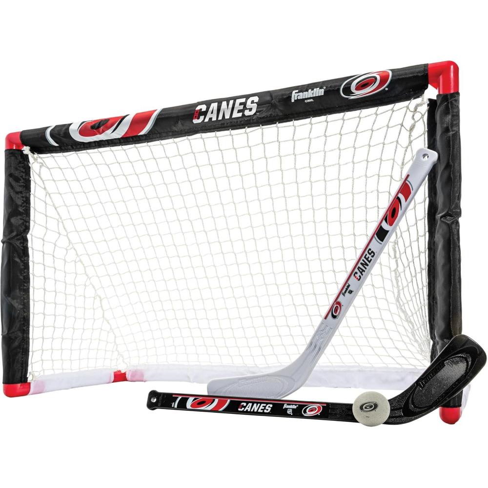 imageFranklin Sports NHL Mini Hockey Set Kids Indoor Knee Hockey Goal Ball 2 Stick Combo Youth Team Indoor Toy Set Official Ages 3Carolina Hurricanes
