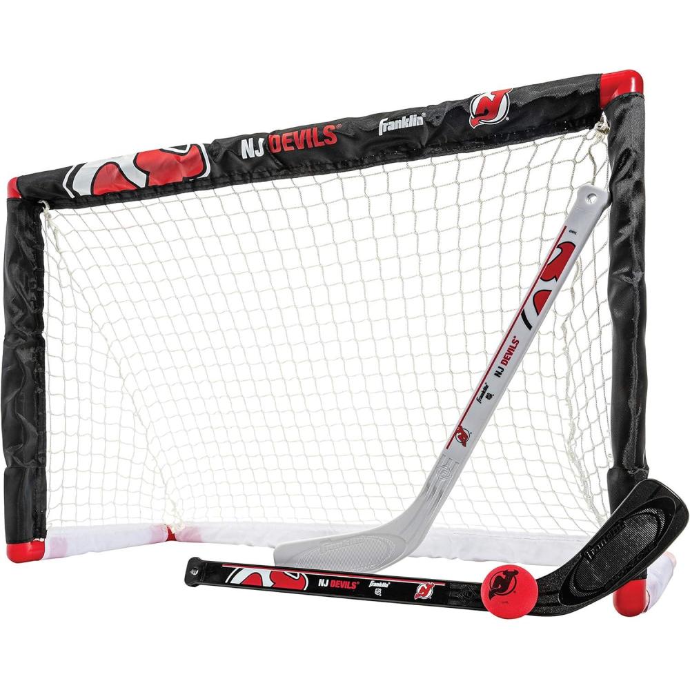 imageFranklin Sports NHL Mini Hockey Set  Kids Indoor Knee Hockey Goal Ball  2 Stick Combo  Youth Team Indoor Toy Set  Official  Ages 3New Jersey Devils