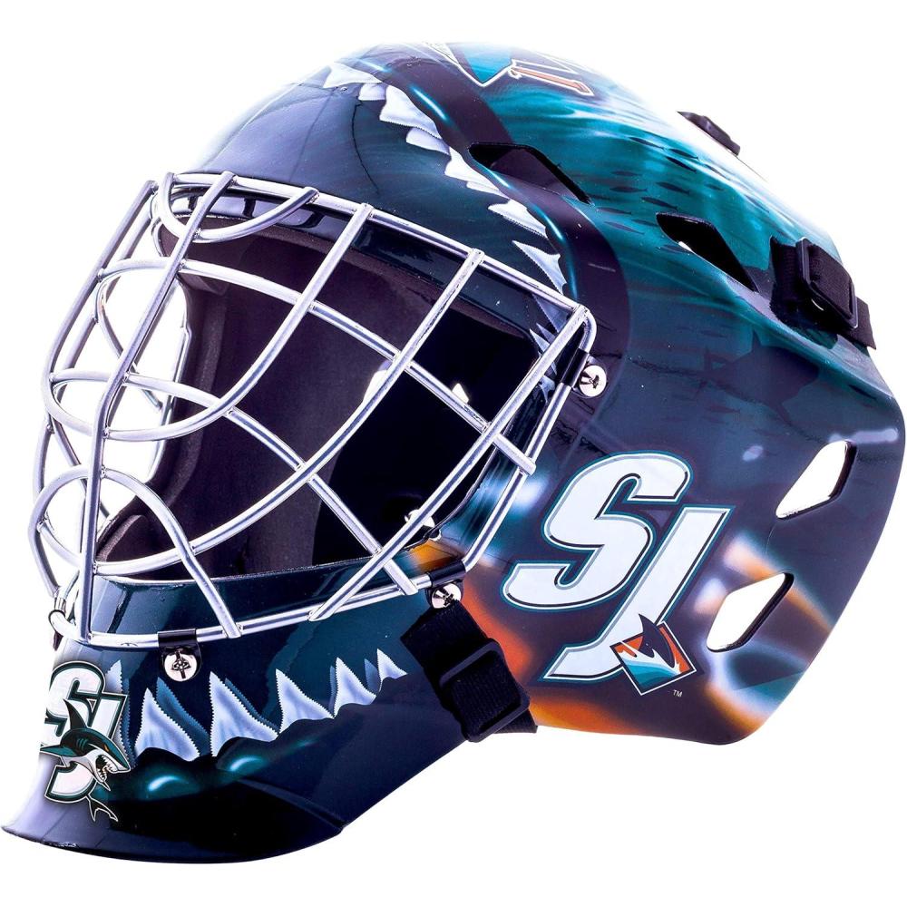 imageFranklin Sports Team Licensed NHL Hockey Goalie Face Mask  Goalie Mask for Kids Street Hockey  Youth NHL Team Street Hockey MasksSan Jose Sharks
