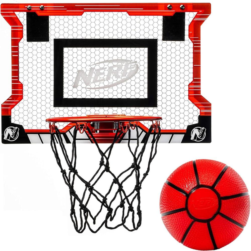 imageNerf Basketball Hoop Set Pro Hoop Mini Hoop Set with Mini Basketball Steel Rim Great for DunkingRed Standard