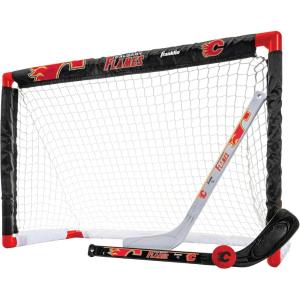 Franklin Sports NHL Mini Hockey Set – Kids Indoor Knee Hockey Goal, Ball, + 2 Stick Combo – Youth Team Indoor Toy Set – Official – Ages 3+(Calgary Flames)