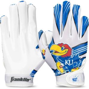 Franklin Sports Youth NCAA Football Receiver Gloves – Receiver Gloves for Kids – NCAA Team Logos and Silicone Palm – Youth Pair – Great for Games & Costumes(Kansas Jayhawks)
