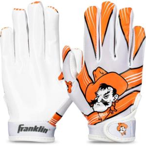 Franklin Sports Youth NCAA Football Receiver Gloves – Receiver Gloves for Kids – NCAA Team Logos and Silicone Palm – Youth Pair – Great for Games & Costumes(Oklahoma State Cowboys)