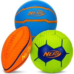 Nerf Mini Foam Sports Ball Set – Foam Football, Soccer Ball + Basketball Set Soft Foam Sports Set for Kids(Orange/Green/Blue)
