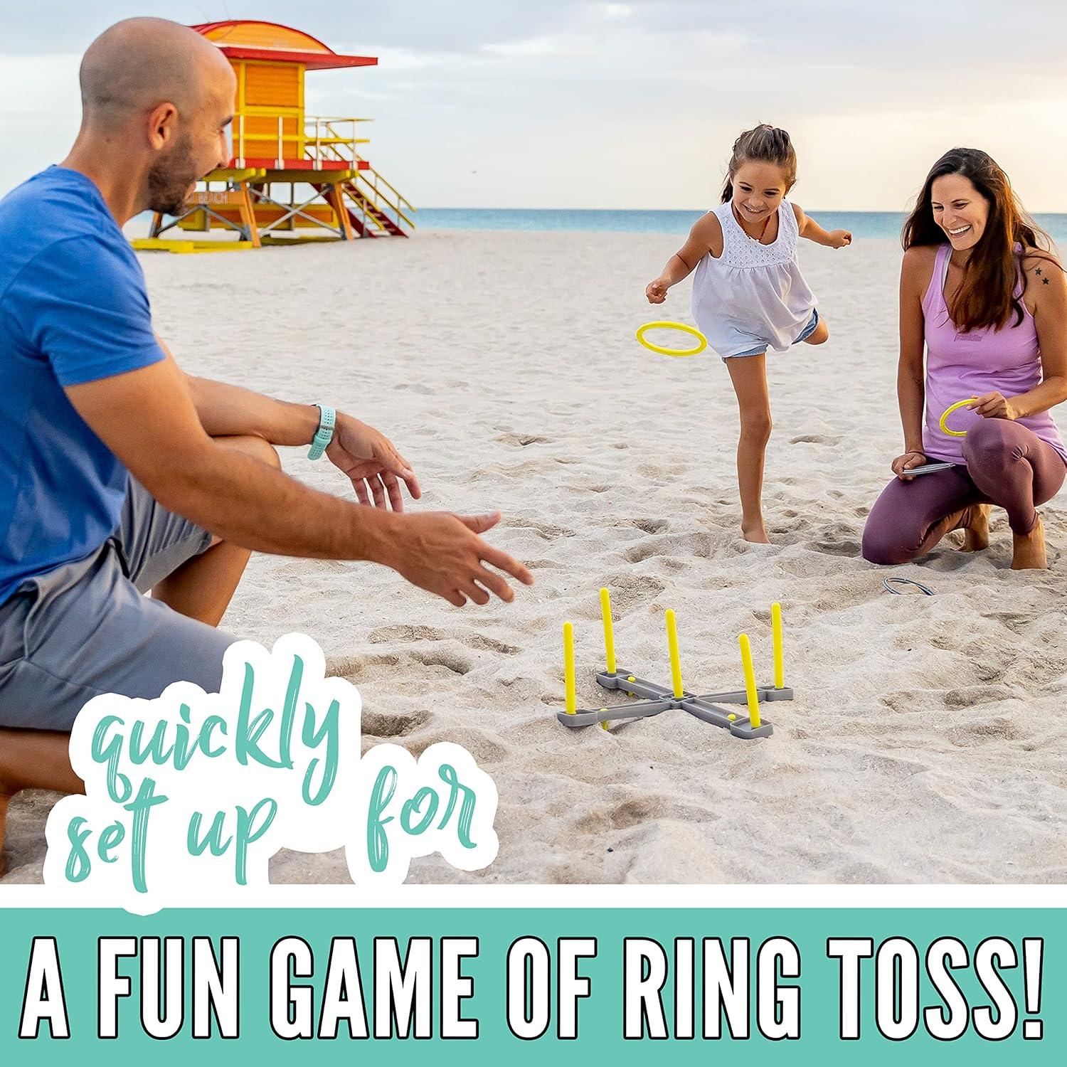 imageFranklin Sports Fun 5 Combo Outdoor Game Set Backyard Beach Camping Games for Kids Badminton Volleyball Flip Toss Flying Disc Horseshoes or Ring TossYellow Combo Set