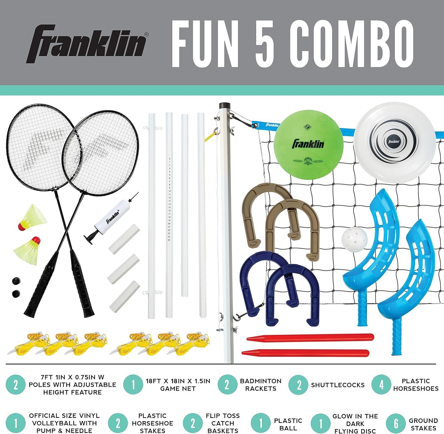imageFranklin Sports Fun 5 Combo Outdoor Game Set Backyard Beach Camping Games for Kids Badminton Volleyball Flip Toss Flying Disc Horseshoes or Ring TossBlue Combo Set