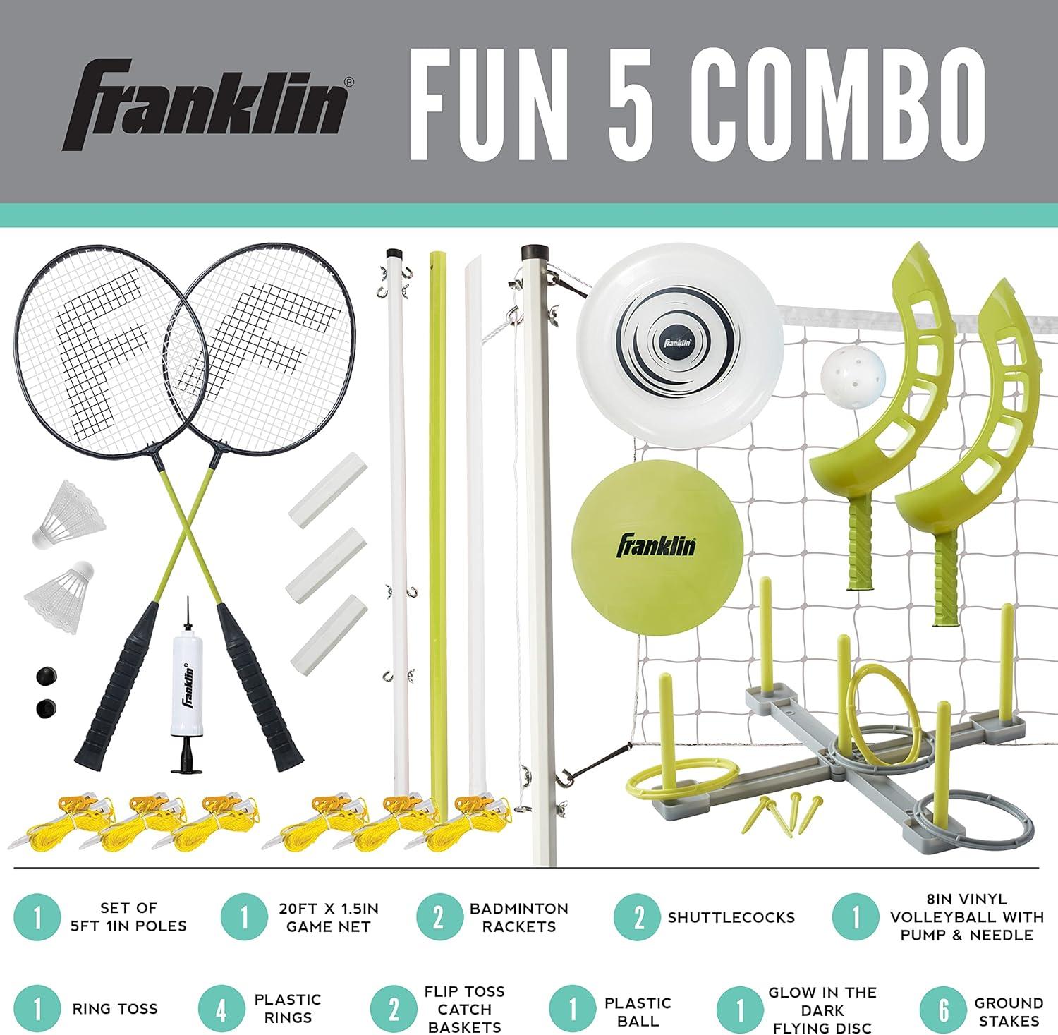 imageFranklin Sports Fun 5 Combo Outdoor Game Set Backyard Beach Camping Games for Kids Badminton Volleyball Flip Toss Flying Disc Horseshoes or Ring TossYellow Combo Set
