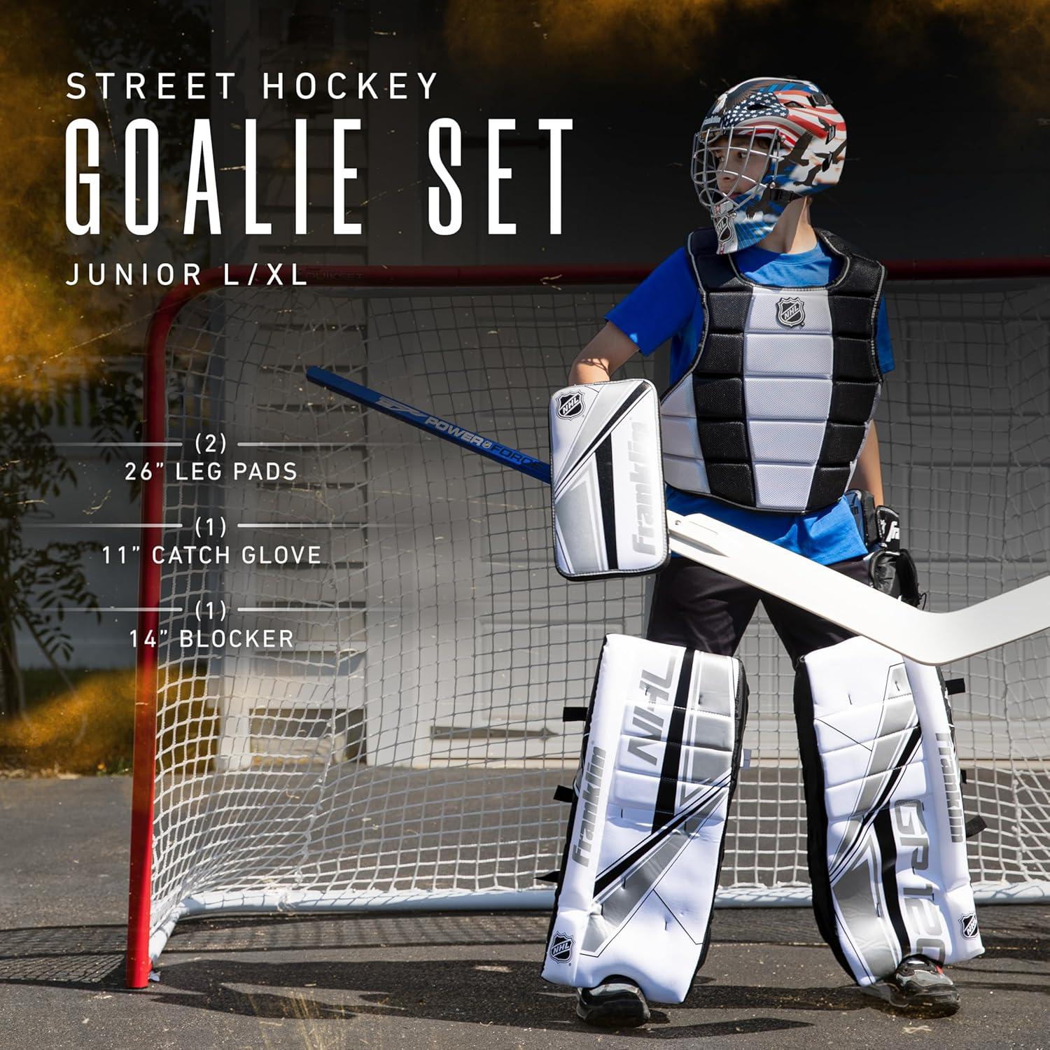 imageFranklin Sports NHL Kids Street Hockey Goalie Pads Set Kids Hockey Training Equipment Includes Block Pad Catch Glove and Goalie PadsBlackWhite