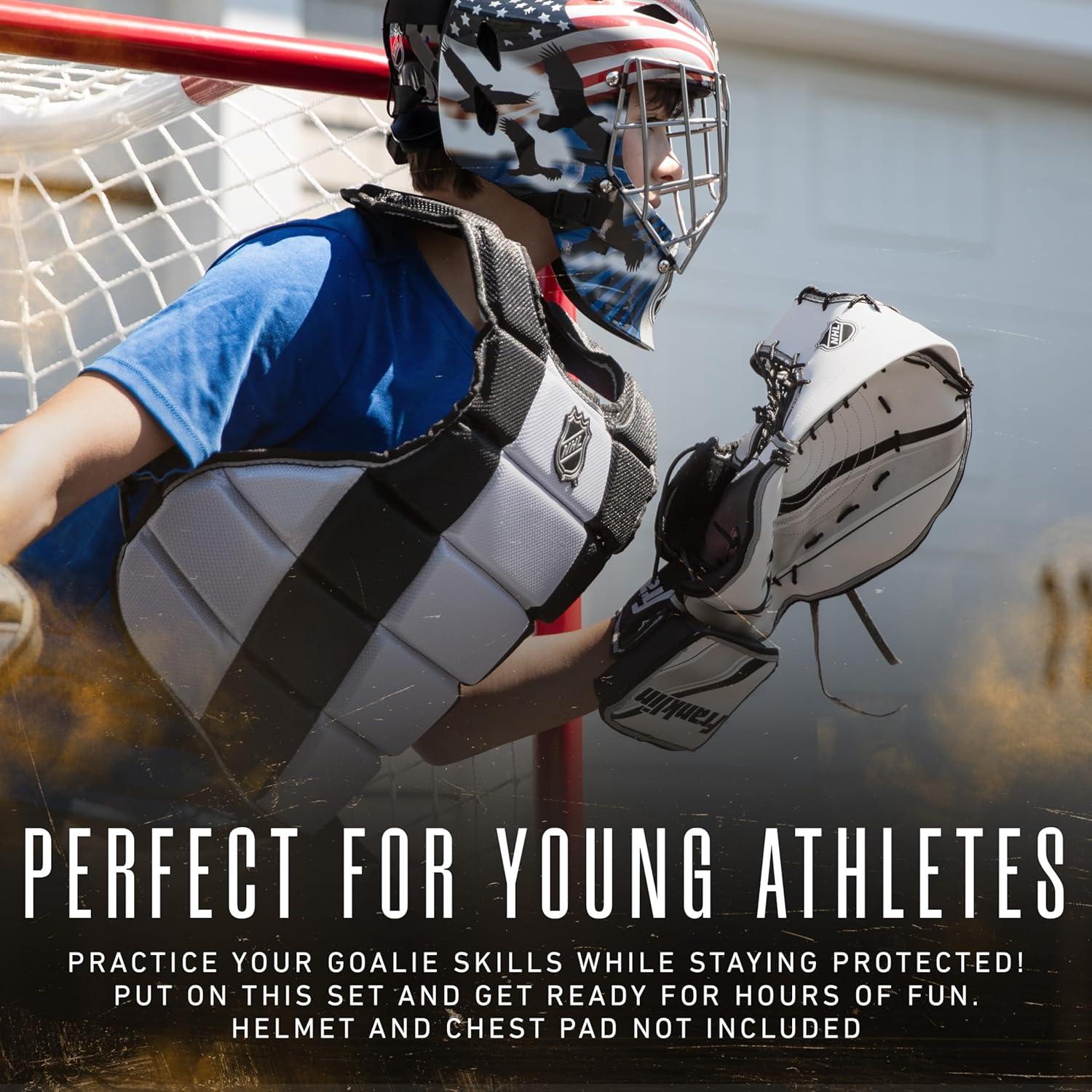 imageFranklin Sports NHL Kids Street Hockey Goalie Pads Set Kids Hockey Training Equipment Includes Block Pad Catch Glove and Goalie PadsBlackWhite