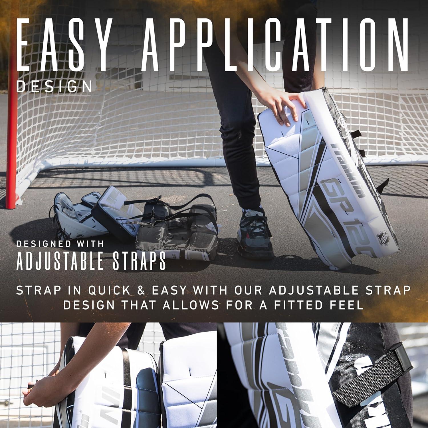 imageFranklin Sports NHL Kids Street Hockey Goalie Pads Set Kids Hockey Training Equipment Includes Block Pad Catch Glove and Goalie PadsBlackWhite