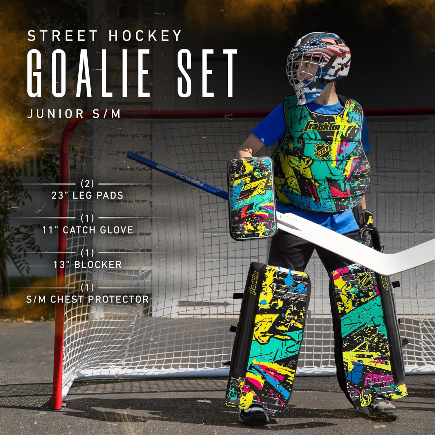 imageFranklin Sports NHL Kids Street Hockey Goalie Pads Set Kids Hockey Training Equipment Includes Block Pad Catch Glove and Goalie PadsNeon Colors