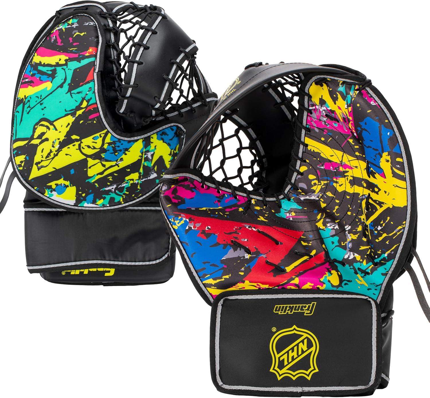 imageFranklin Sports NHL Kids Street Hockey Goalie Pads Set Kids Hockey Training Equipment Includes Block Pad Catch Glove and Goalie PadsNeon Colors