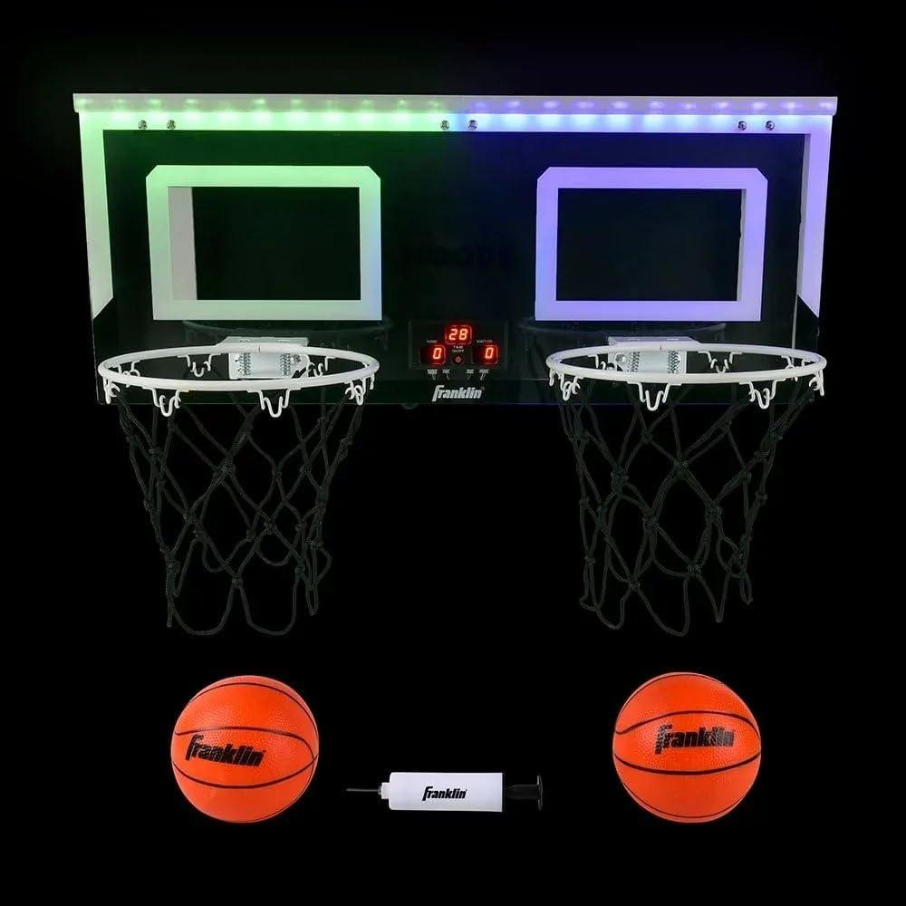 imageFranklin Sports Over The Door Indoor LED Basketball HoopsSteel Rim Mini BasketIncludes Ball and PumpLight Up BackboardLight Up Double Hoops