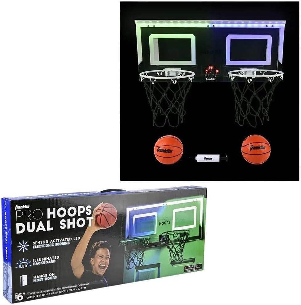 imageFranklin Sports Over The Door Indoor LED Basketball HoopsSteel Rim Mini BasketIncludes Ball and PumpLight Up BackboardLight Up Double Hoops