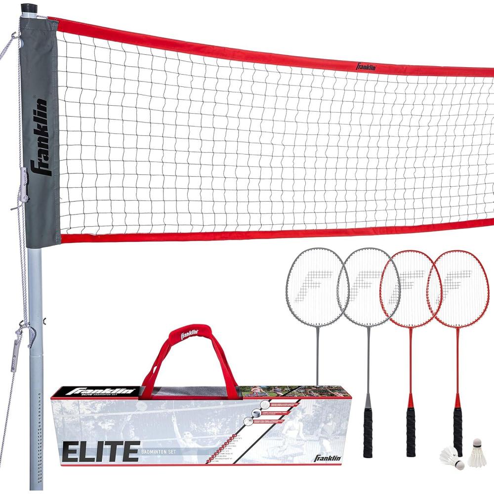 imageFranklin Sports Badminton Net Sets  Outdoor Backyard  Beach Badminton Net  Equipment Set  4 Rackets  2 Birdies  Portable Net Included  Adults  Kids SetElite