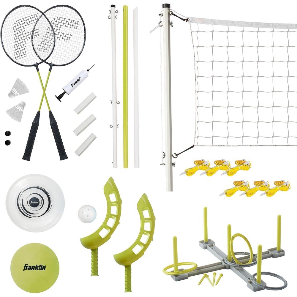 imageFranklin Sports Fun 5 Combo Outdoor Game Set Backyard Beach Camping Games for Kids Badminton Volleyball Flip Toss Flying Disc Horseshoes or Ring TossYellow Combo Set