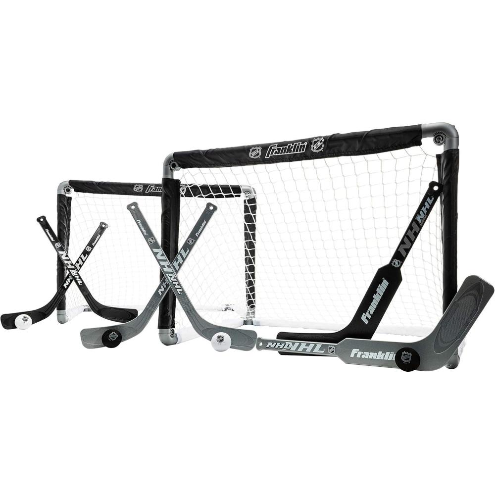 imageFranklin Sports NHL Kids Mini Hockey Goal Set  2 Mini  Knee Hockey Goals 4 Youth Sticks 2 Goalie Sticks  4 Foam Balls  Knee  Mini Hockey SetBlack