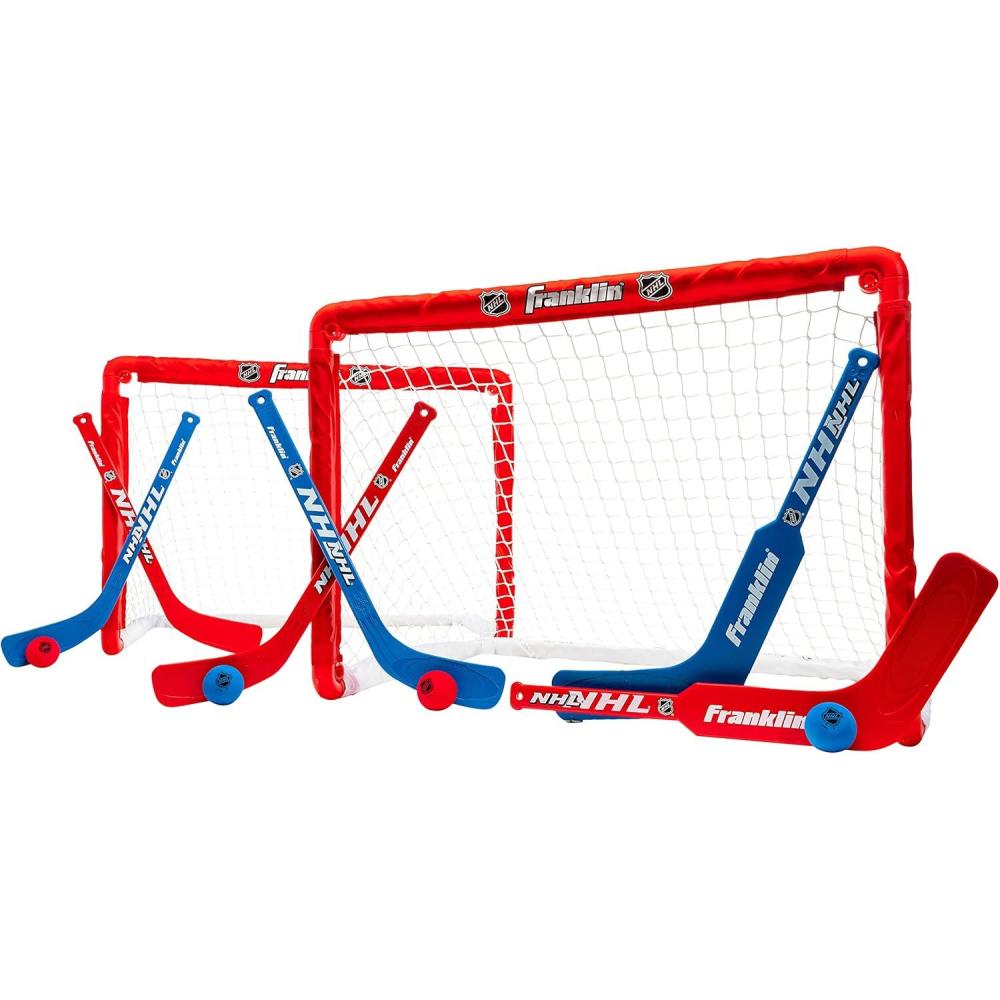 imageFranklin Sports NHL Kids Mini Hockey Goal Set  2 Mini  Knee Hockey Goals 4 Youth Sticks 2 Goalie Sticks  4 Foam Balls  Knee  Mini Hockey SetRed