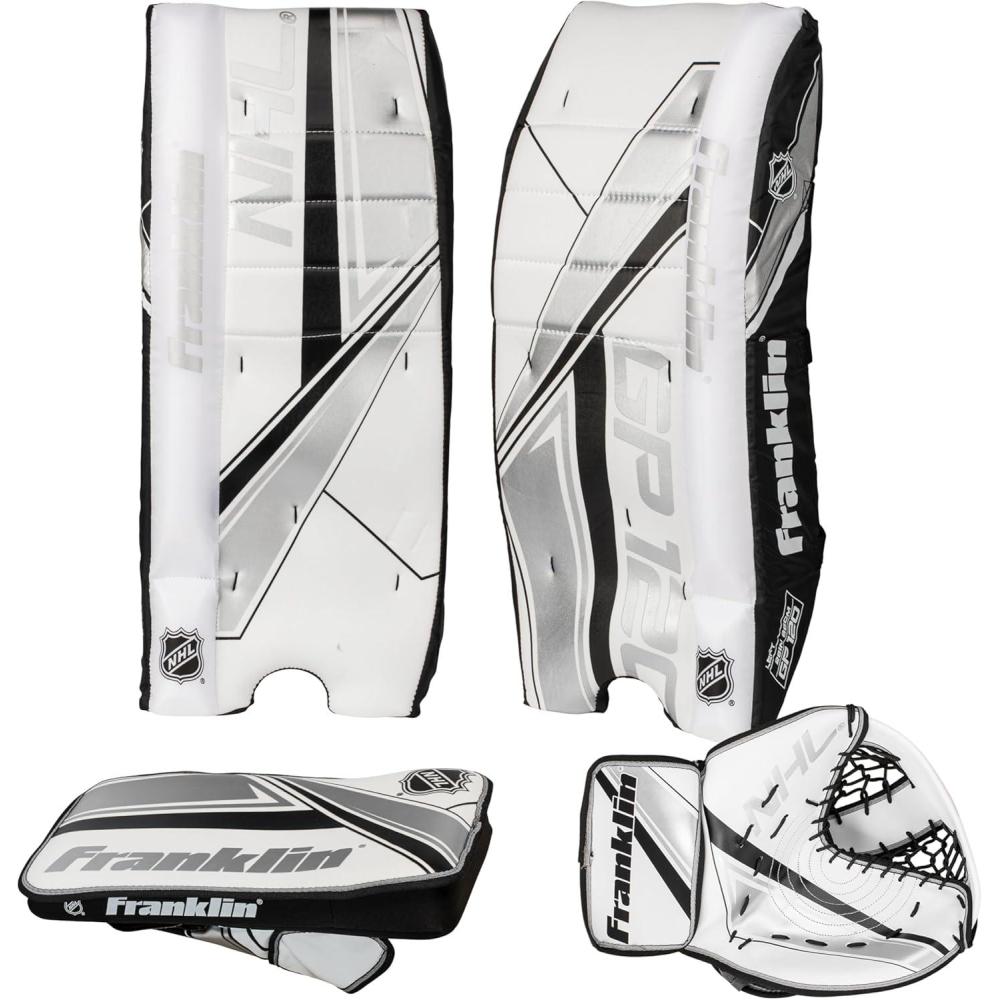 imageFranklin Sports NHL Kids Street Hockey Goalie Pads Set Kids Hockey Training Equipment Includes Block Pad Catch Glove and Goalie PadsBlackWhite