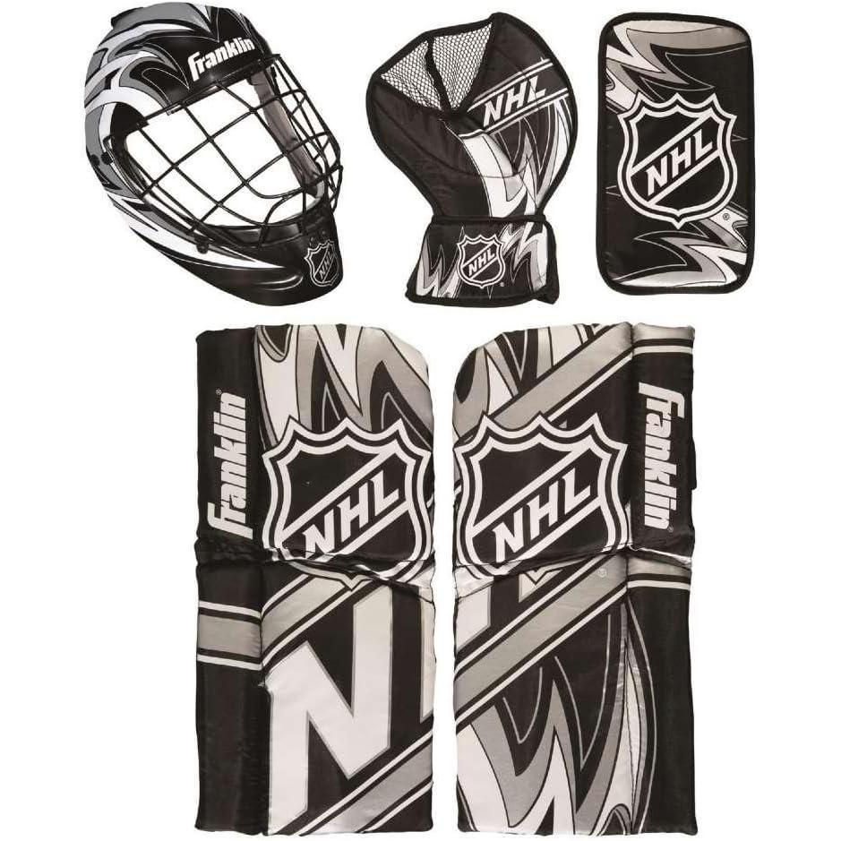 imageFranklin Sports NHL Youth Knee Hockey Goalie Pads  Helmet Set  Kids Knee  Mini Hockey Goalie Gear  Equipment  2 Leg Pads Catch Glove Blocker  Mask IncludedBlackWhiteGray