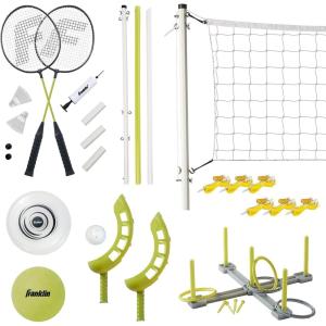 Franklin Sports Fun 5 Combo Outdoor Game Set – Backyard, Beach + Camping Games for Kids – Badminton, Volleyball, Flip Toss, Flying Disc – Horseshoes or Ring Toss(Yellow Combo Set)