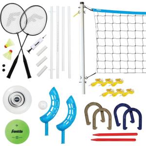 Franklin Sports Fun 5 Combo Outdoor Game Set – Backyard, Beach + Camping Games for Kids – Badminton, Volleyball, Flip Toss, Flying Disc – Horseshoes or Ring Toss(Blue Combo Set)